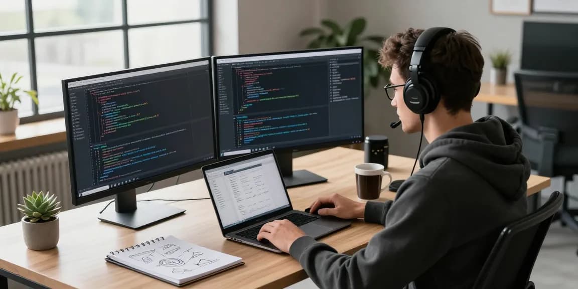 Developer working in a modern office setting, showcasing WPS Official Website features on dual monitors.