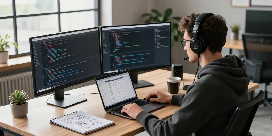 Developer working in a modern office setting, showcasing WPS Official Website features on dual monitors.