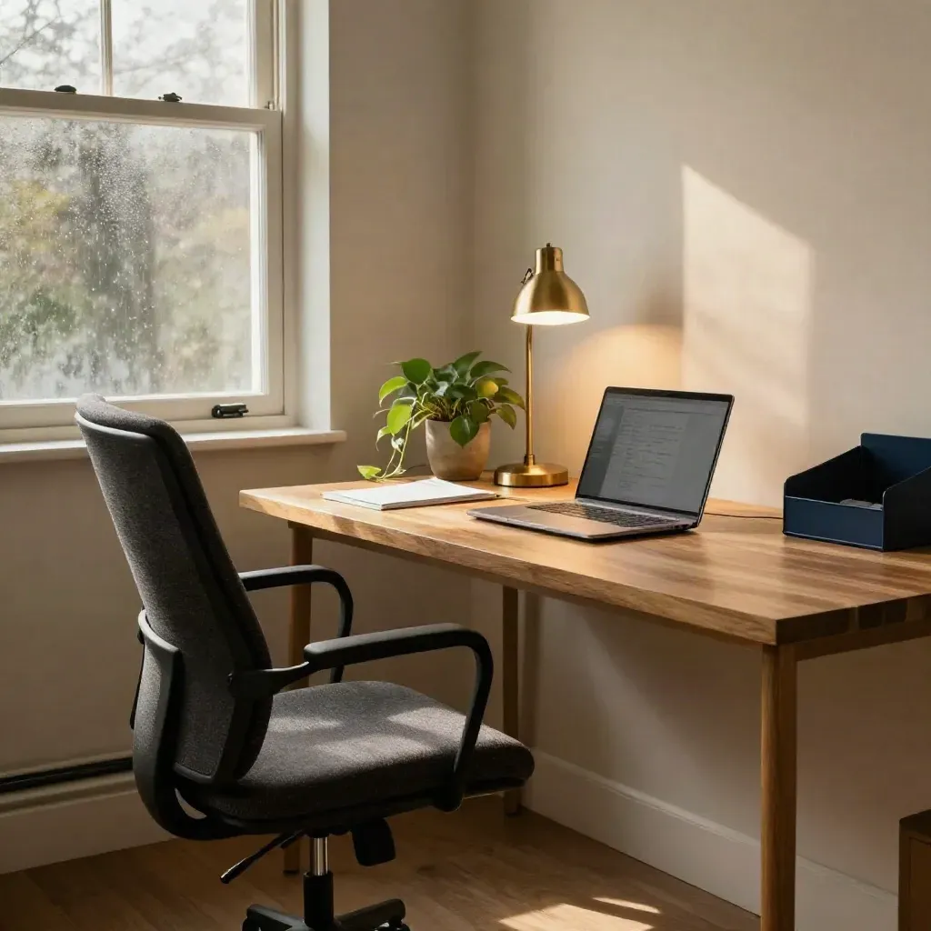 Prepared staffing office corner with chair, closed laptop, plant and lamp in warm afternoon light.