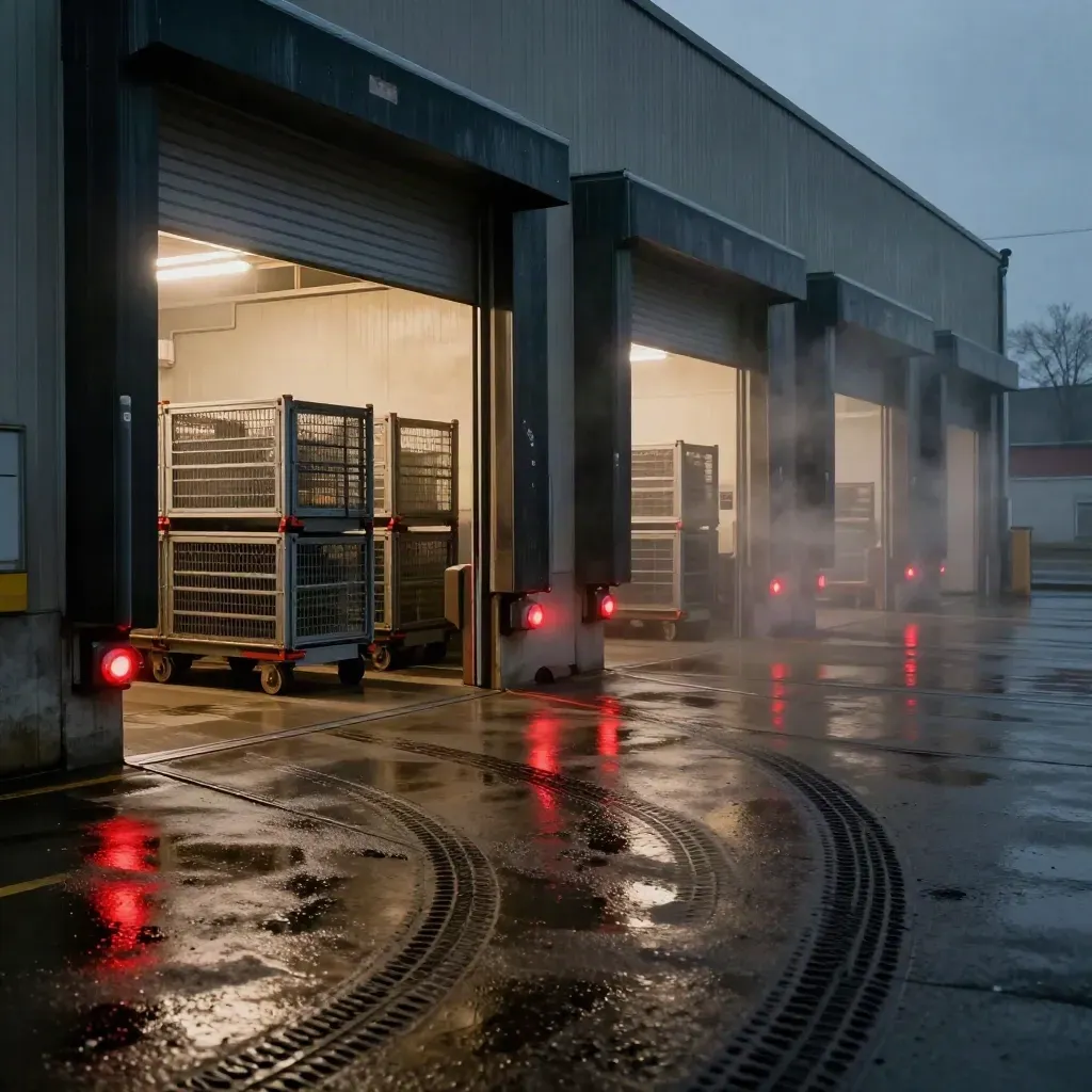 Moody loading bay at night with red beacons, carts, wet tire tracks, and haze.