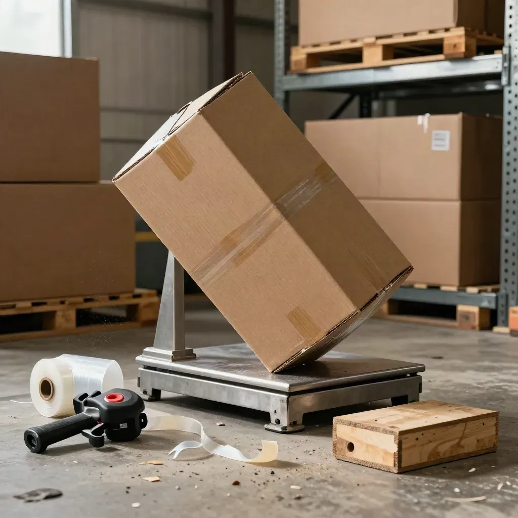 Packing station with cartons, wrap, tape gun and scanner in warehouse light