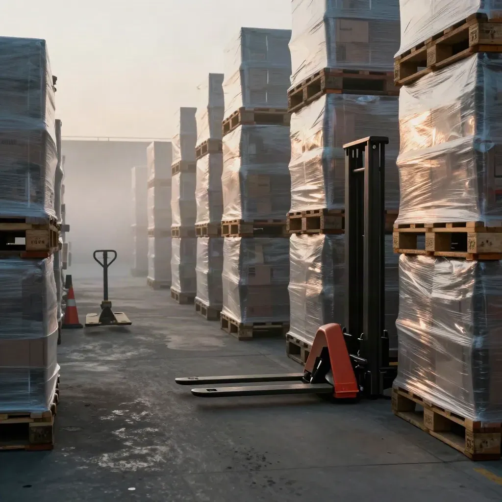 Warehouse aisle with shrink-wrapped pallets, safety cones, and a pallet jack in cool dawn fog
