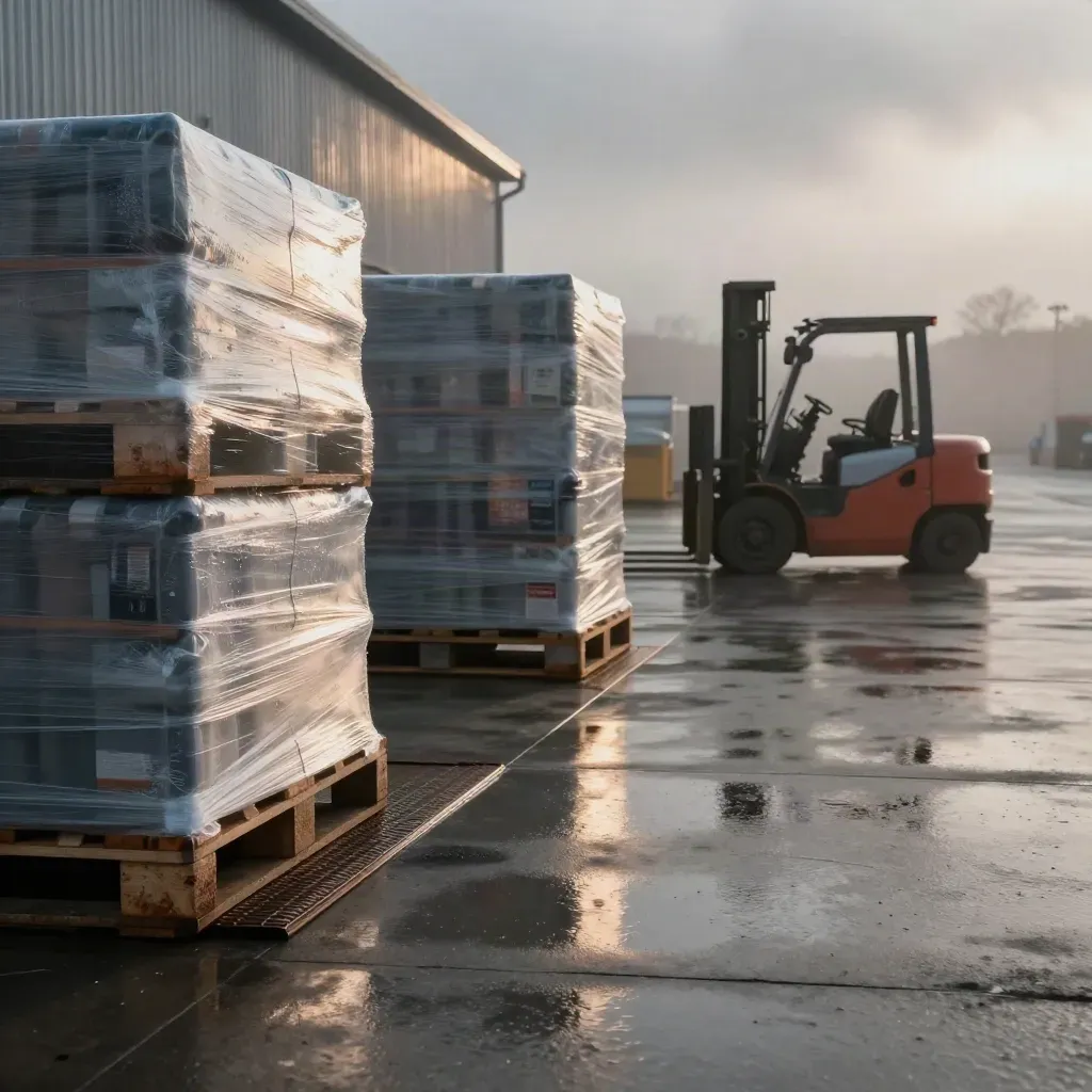 Wet warehouse dock at dawn with pallets, bins and a forklift bay in mist.