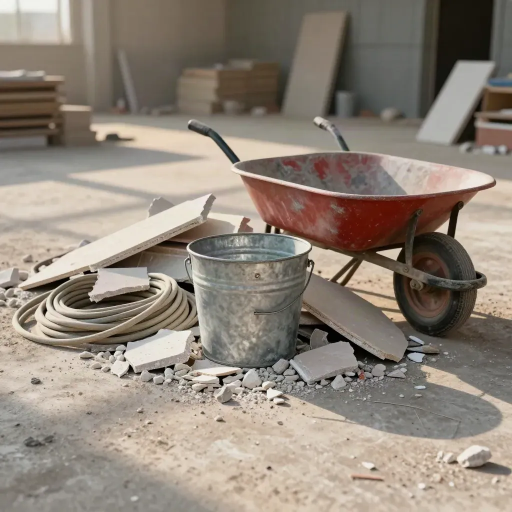 Drywall rubble, coiled cord, metal bucket and red wheelbarrow on dusty concrete in warm light.