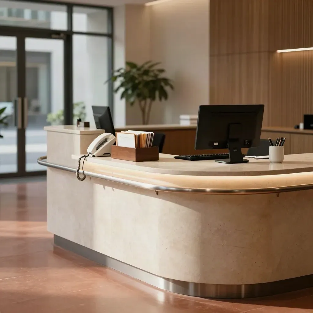 Reception counter with phone, inbox tray, keyboard, closed monitor and pen cup in a modern office lobby.