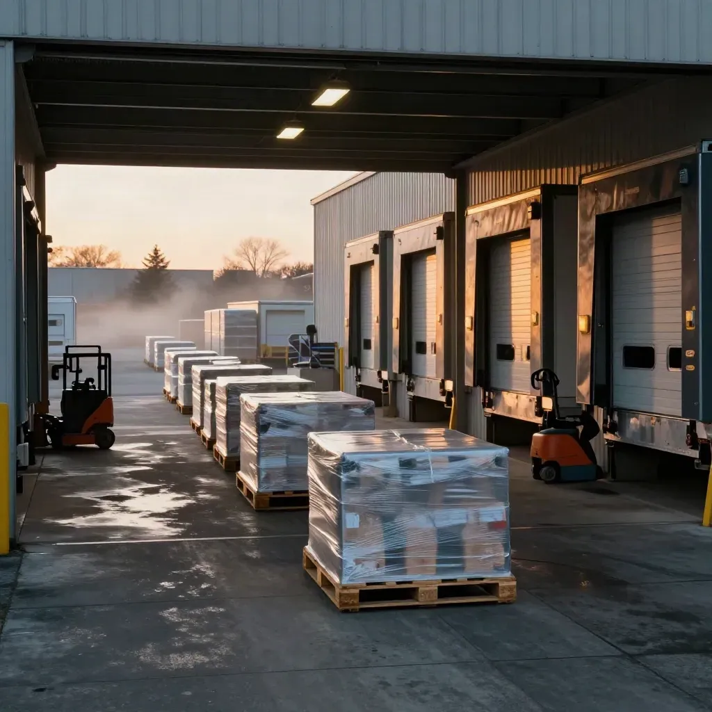 Toronto dock staged with wrapped pallets, glowing bay lights and trailers ready at dawn.