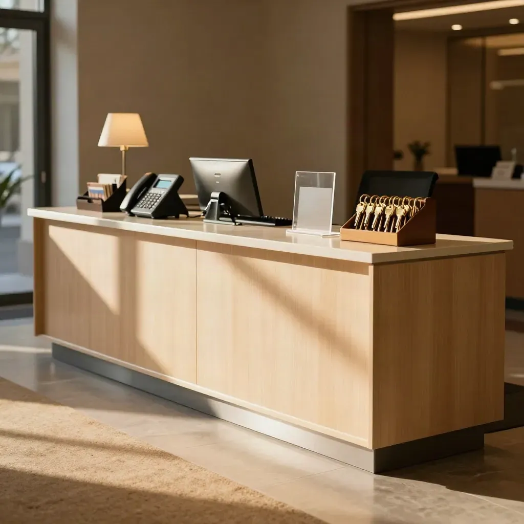 Ottawa office reception desk with lit phones, mail trays, visitor stand and keys