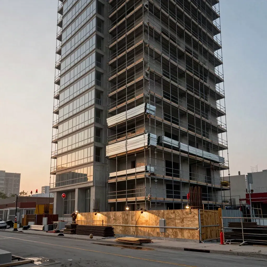 Mississauga high-rise scaffold and lifts glowing at sunrise, empty and ready for crew.
