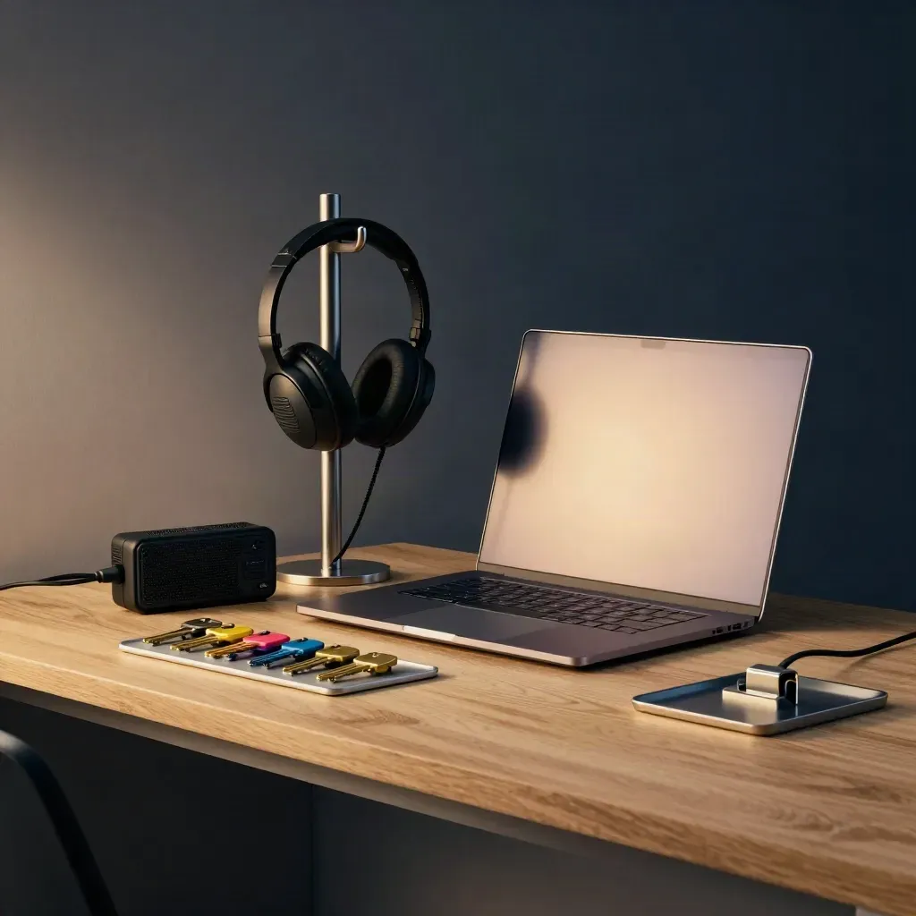 Logistics office command corner with headset, dock radio, laptop, and key board on steel.