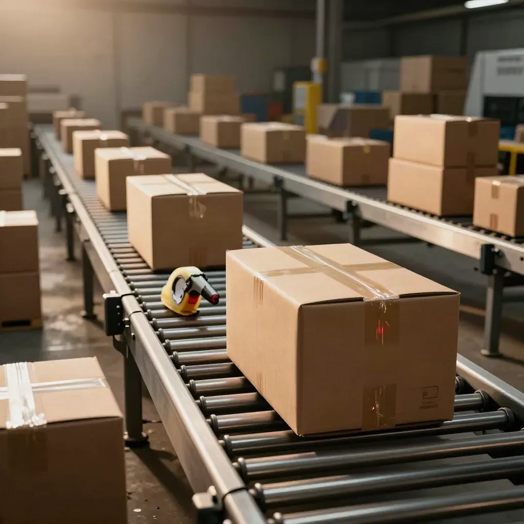 Warehouse cartons on a conveyor with red scan reflections and warm dust in motion.