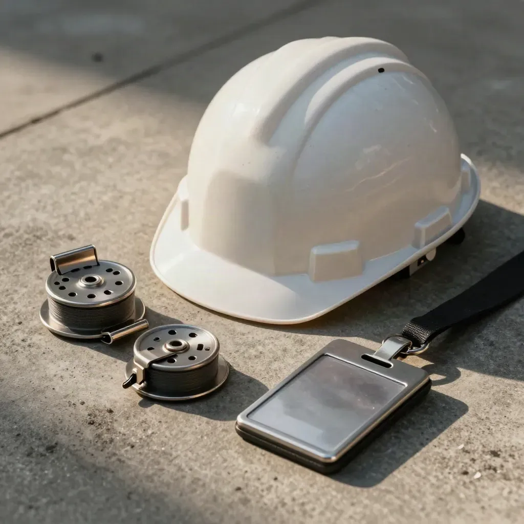 Hard hats, badge reels, and a metal card reader on brushed concrete under dramatic light.