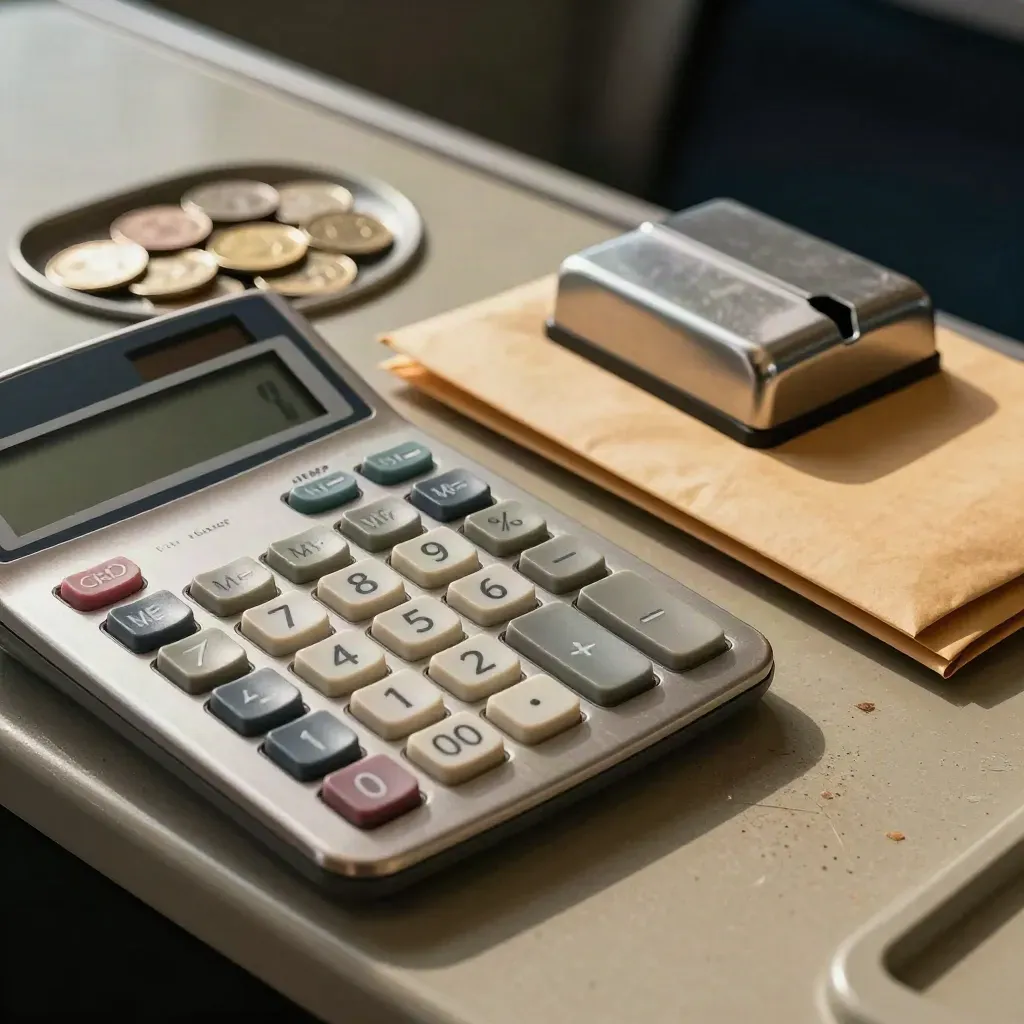 Macro of payroll tools on a khaki counter: calculator, coin tray, pay envelopes, and paperweight.