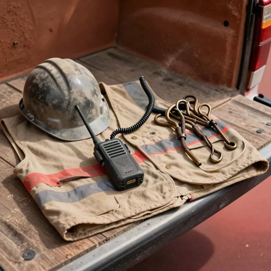 Field radio, hard hat brim, hi-vis vest fold and boot-lace hooks on canvas under warm daylight.