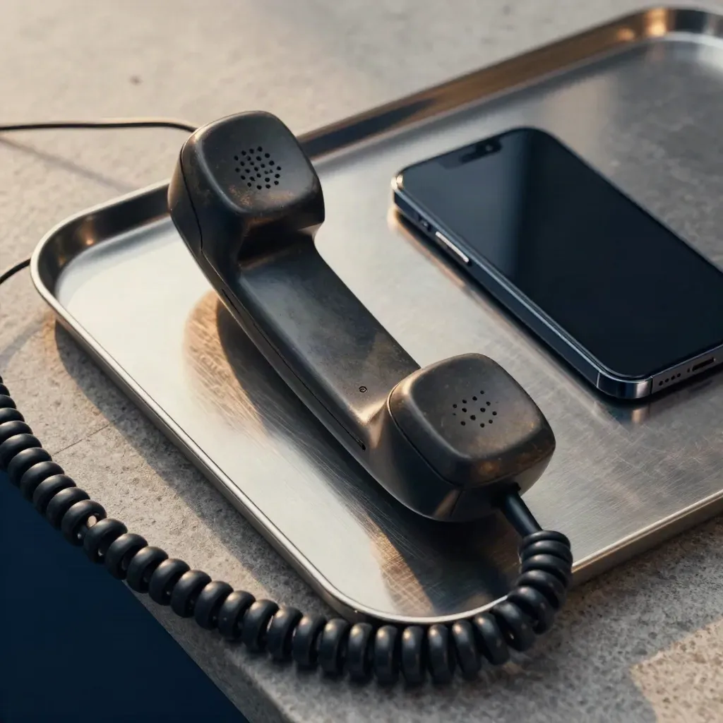 Overhead flatlay of a rugged office handset, coiled cord, and face-down phone on a brushed metal tray.