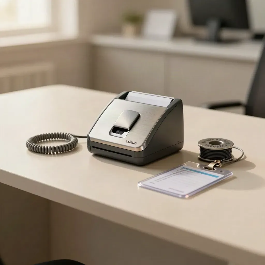 Card reader, fingerprint scanner, lanyard reel and ID sleeve on a pale plaster sweep