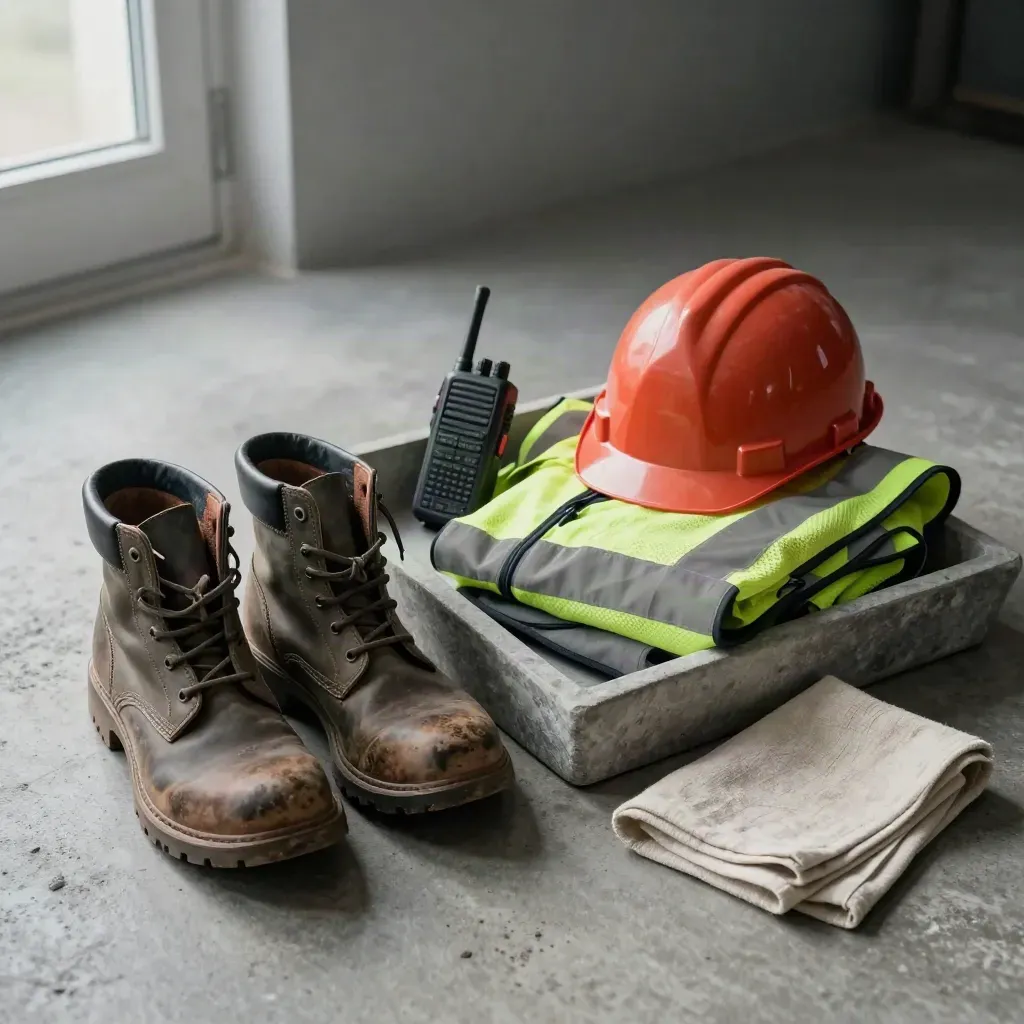 Steel-toe boots, hard hat, hi-vis vest and site radio arranged on a stone tray.
