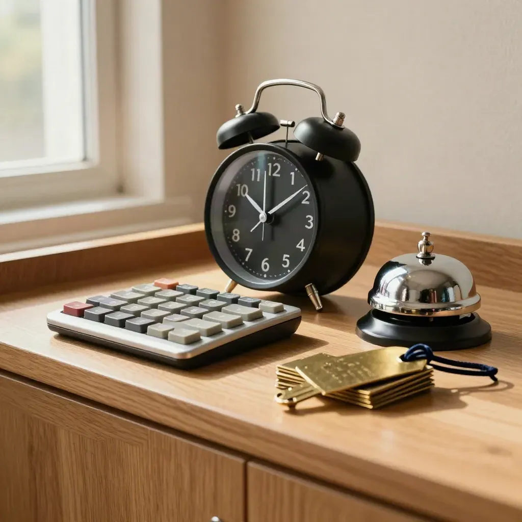 Punch clock, calculator, shift bell and key tags on pale oak counter in soft side light