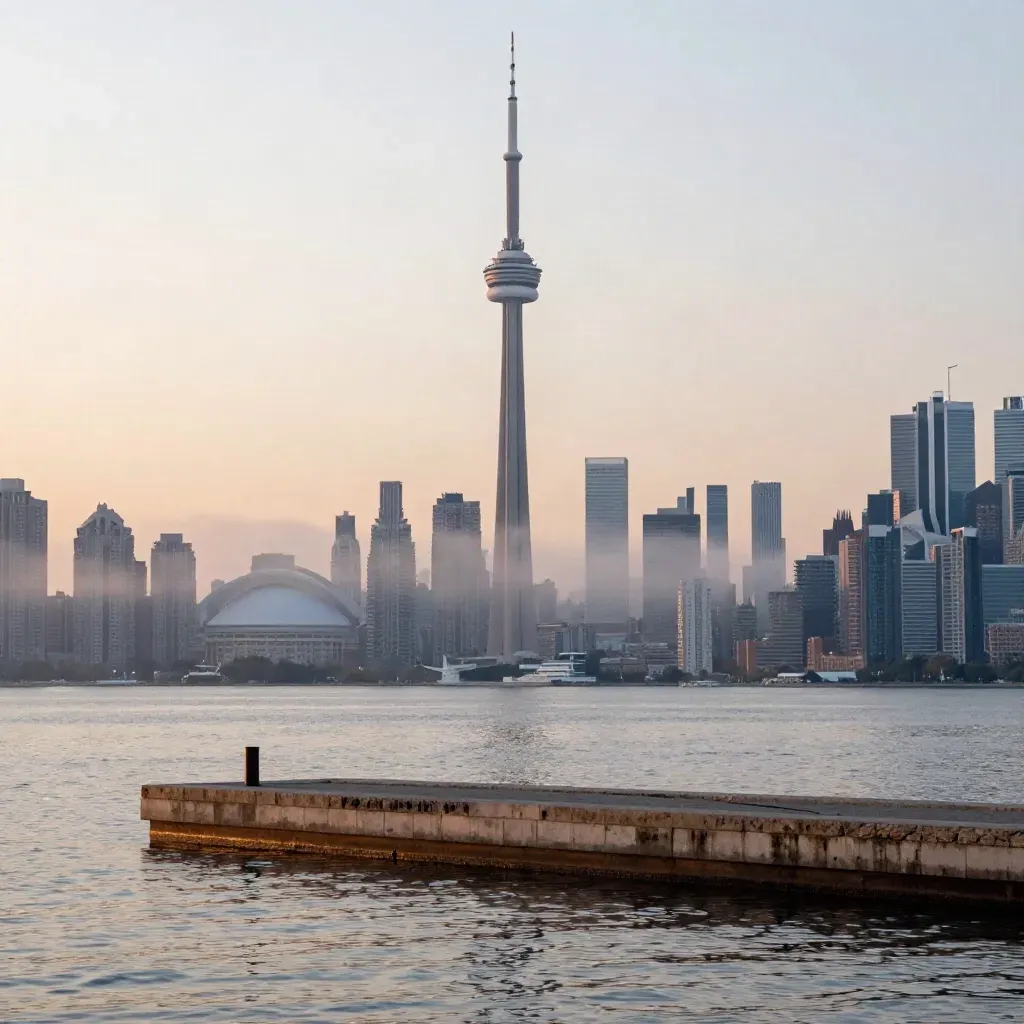Toronto skyline with CN Tower over calm Lake Ontario at warm hazy dawn