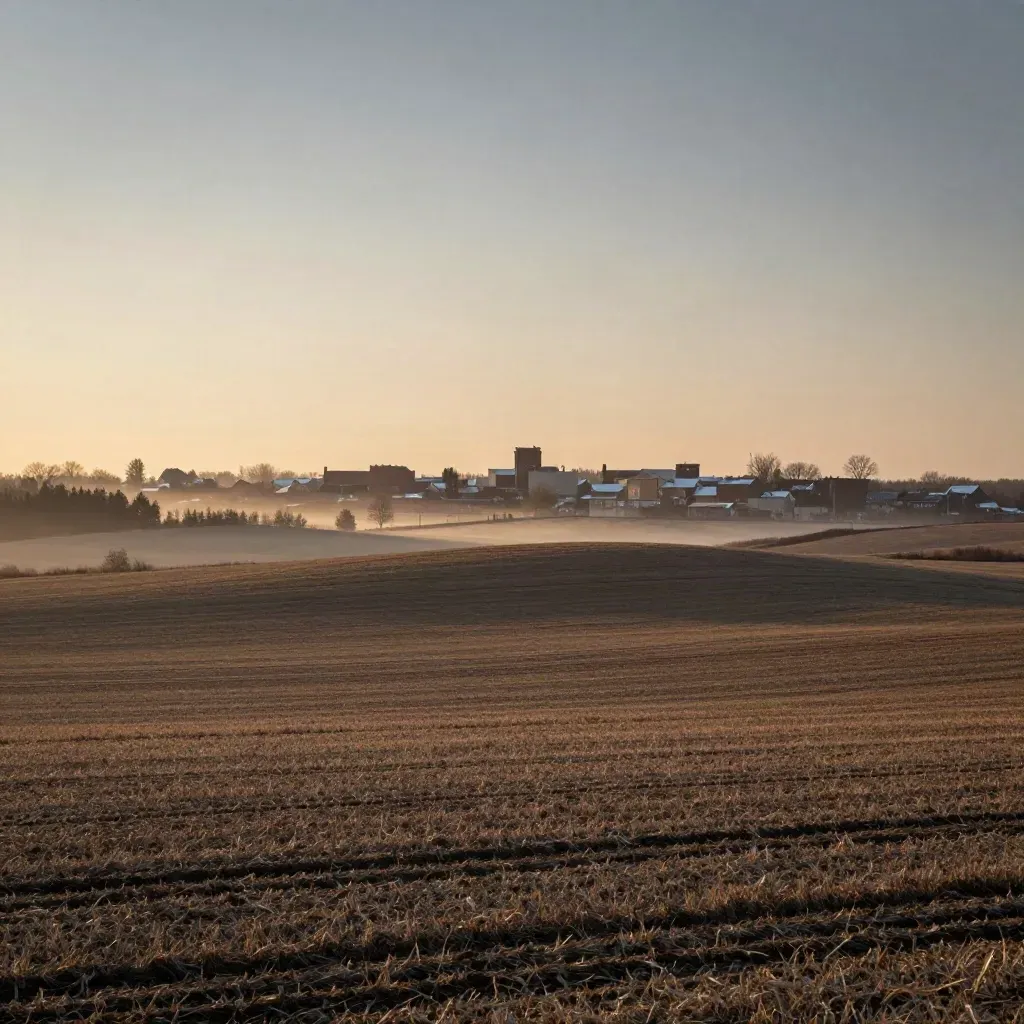 Misty Ontario farm fields with a distant low skyline, rail line, and broad dawn sky.