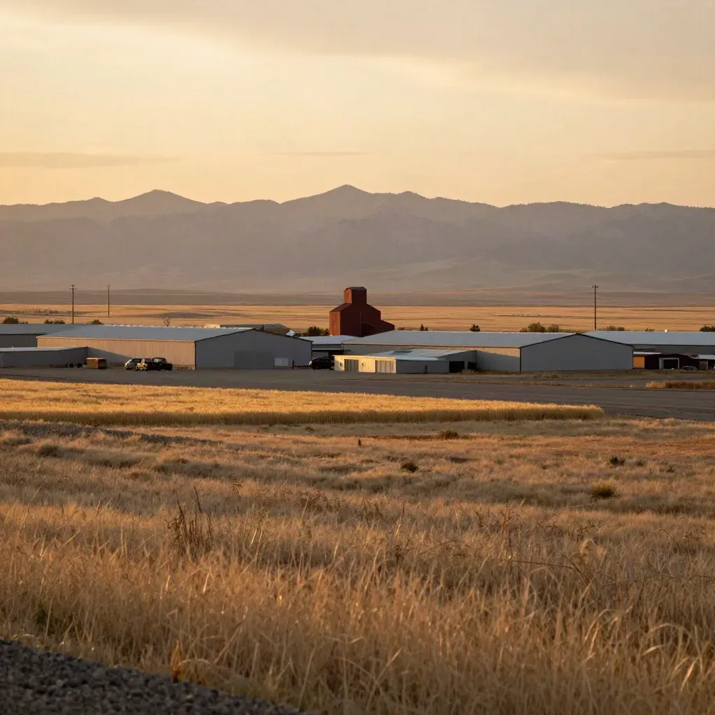 Golden prairie edge near Calgary with distant Rockies and warm industrial haze.