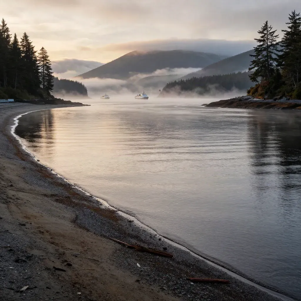 Misty inlet with cedar shoreline, distant ferries, and mountains above calm water.