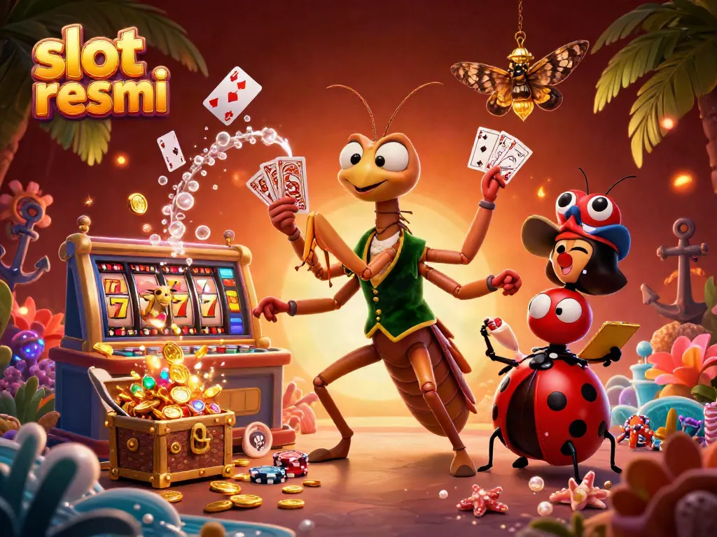Engaging scene depicting a giant praying mantis card sharp with slot resmi elements, dealing cards in a lively casino.